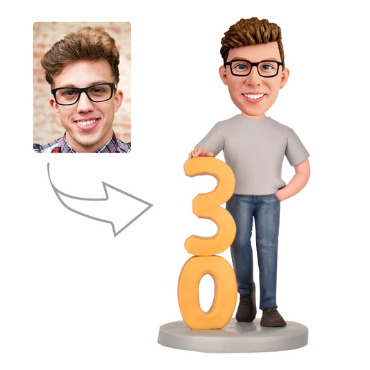 30th Birthday Gifts for Men - Custom Bobbleheads - The Man in the Gray T-shirt