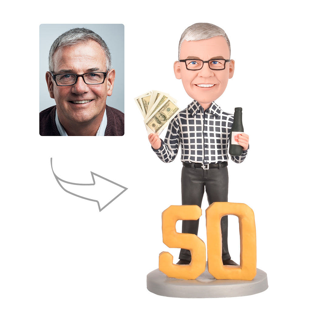 50th Birthday Gifts for Men - Personalized Bobbleheads - A Man in a Casual Shirt