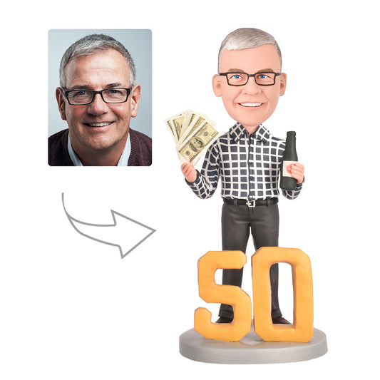 50th Birthday Gifts for Men - Personalized Bobbleheads - A Man in a Casual Shirt
