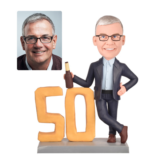 50th Birthday Gifts for Men - Personalized Bobbleheads - The Man in the Blue Suit
