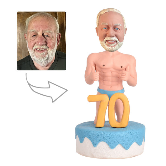70th Birthday Gift for Man - Personalized Bobbleheads - The Man Standing in the Cake