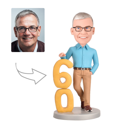 60th Birthday Gift for Men Personalized Bobbleheads - A Man in a casual Shirt