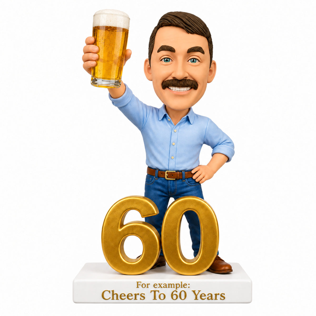 Custom 60th Birthday Bobblehead for Men Holding a Beer –- Customizable Any Outfit & Pose