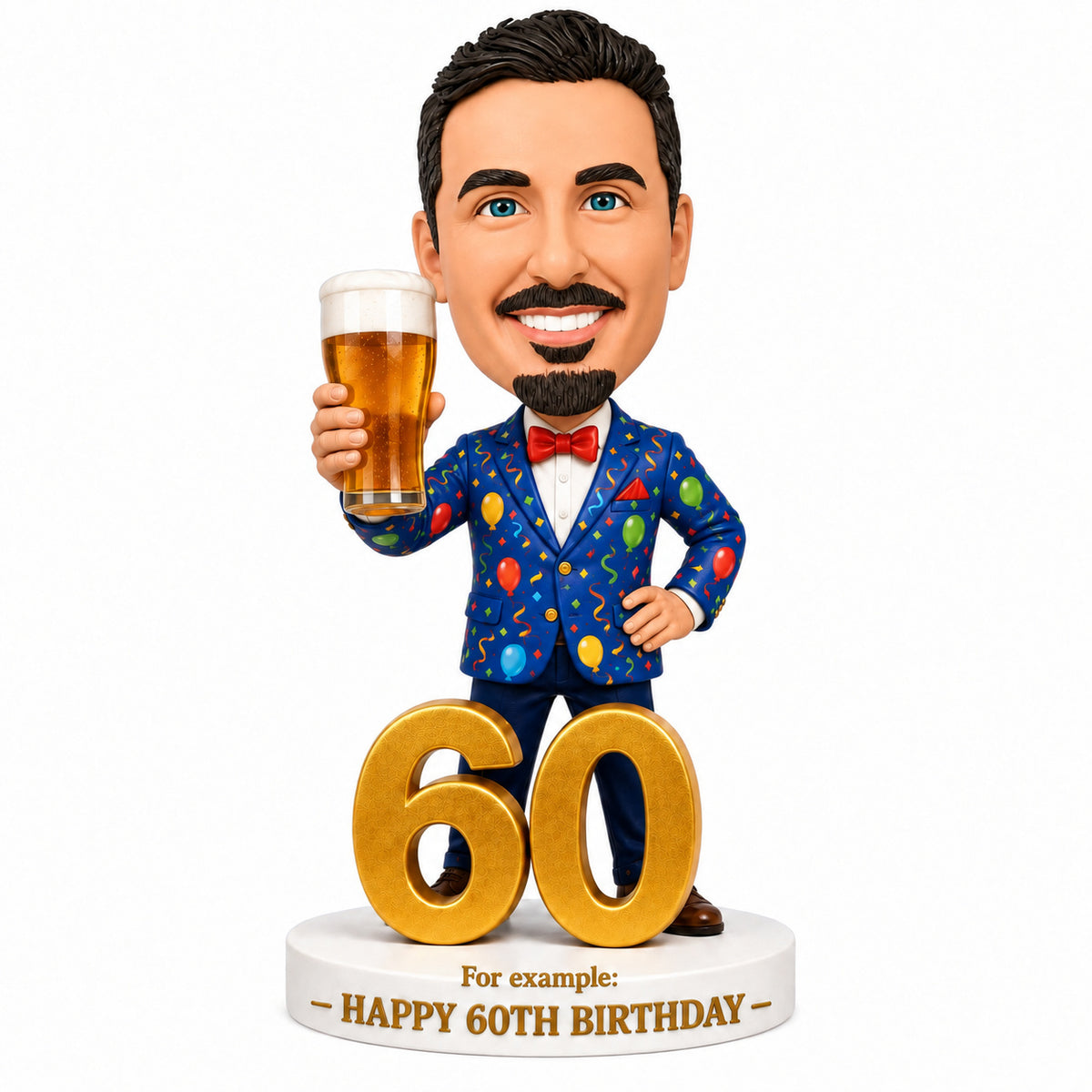 Custom 60th Birthday Bobblehead for Men Holding a Beer –- Customizable Any Outfit & Pose