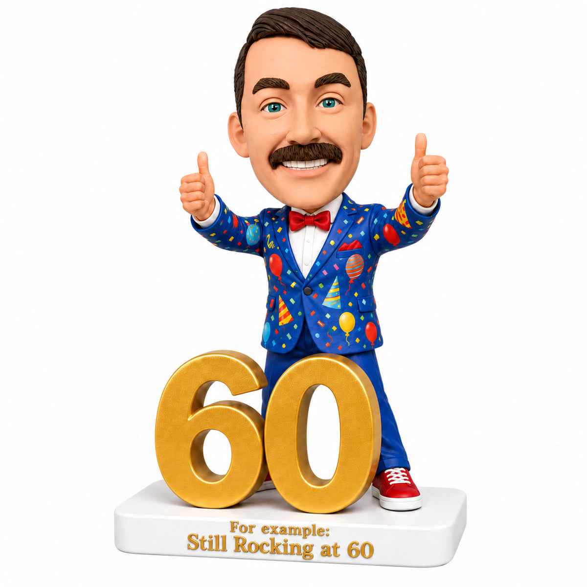 Custom 60th Birthday Bobblehead for Men in a Party Suit –– Customizable Any Outfit & Pose