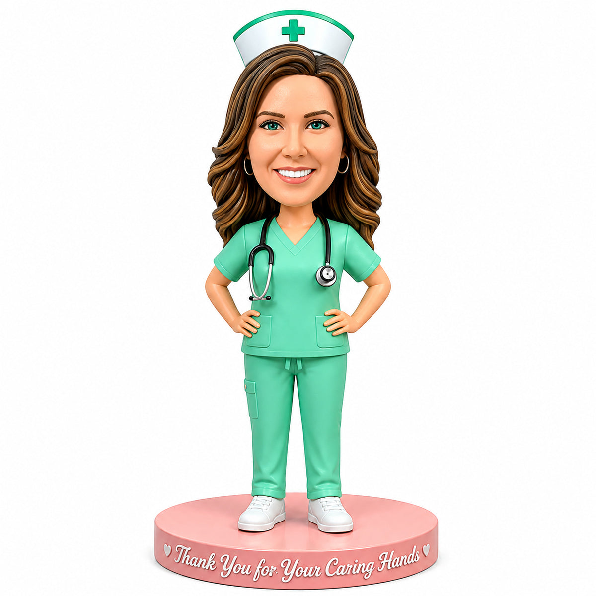 Custom Nurse Bobblehead in a Green Uniform – Customizable Medical Attire & Pose
