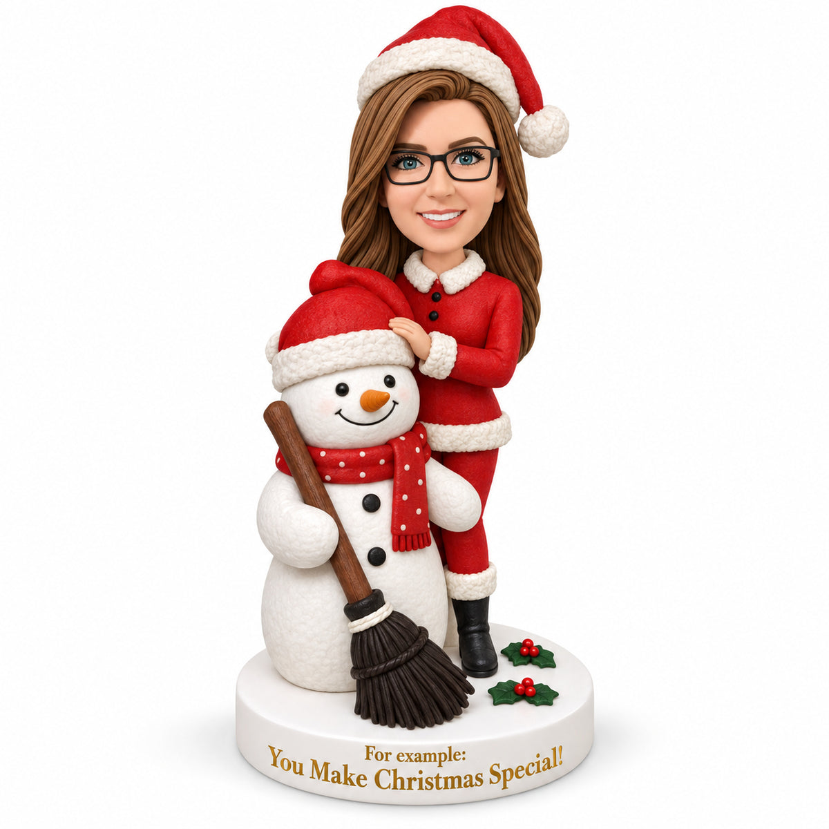 Custom Female Santa Bobbleheads with Snowman – Customizable Outfit & Pose