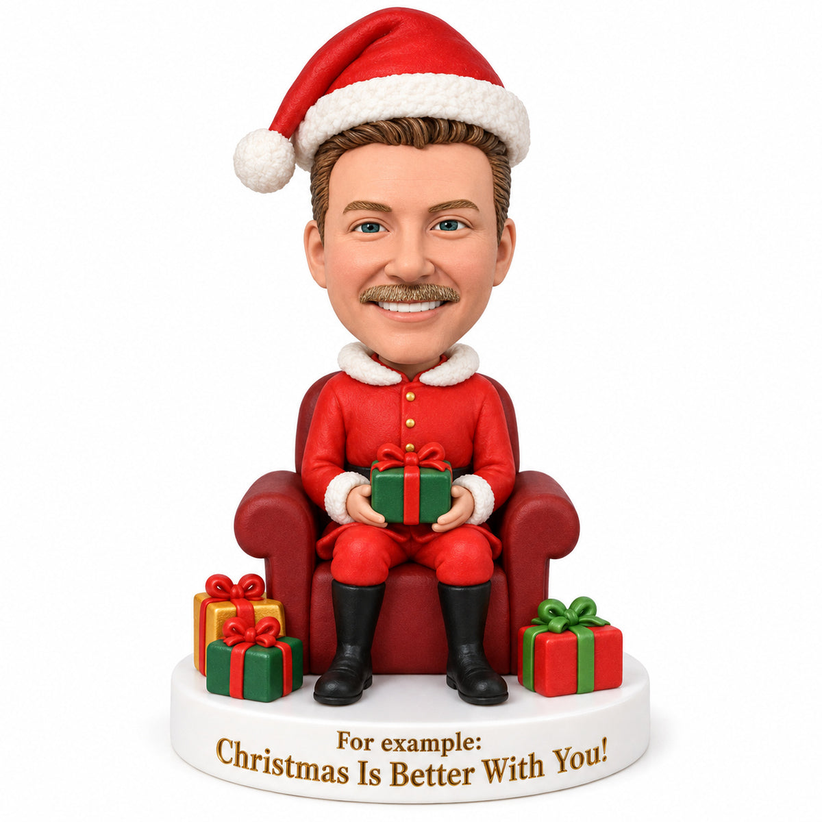 Custom Santa Claus Bobbleheads in an Armchair – Customizable Outfit & Pose