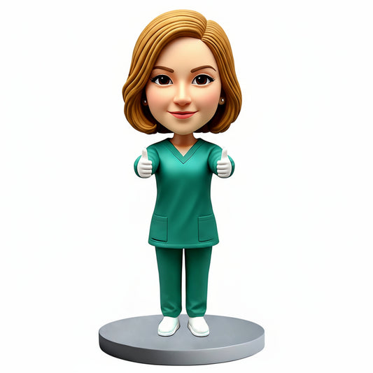 Pretty Female Doctor Wearing Green Scrubs Custom Bobbleheads - Customizable Pose & Outfit