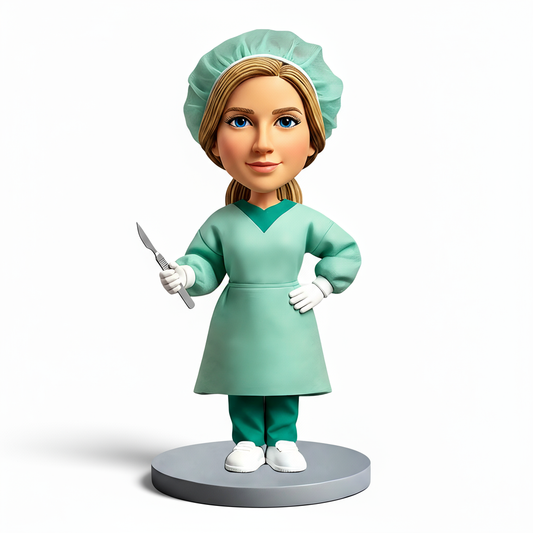 Female Doctor Wearing Green Surgical Gown Custom Bobbleheads - Customizable Pose & Outfit