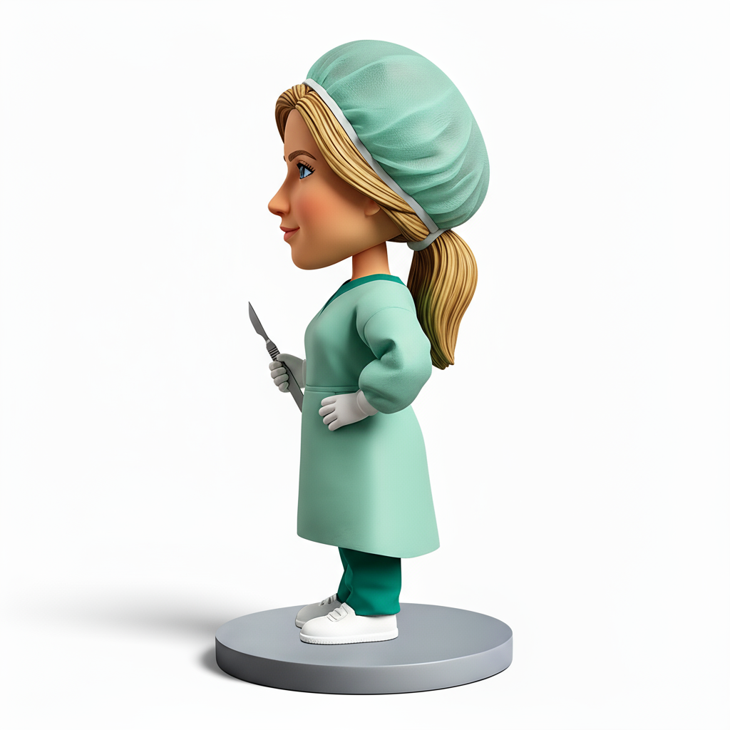 Female Doctor Wearing Green Surgical Gown Custom Bobbleheads - Customizable Pose & Outfit