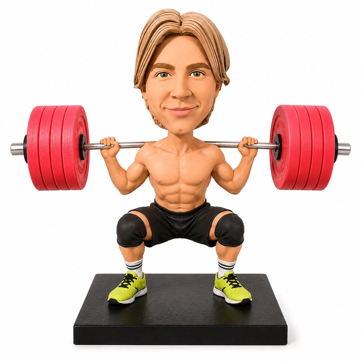 Custom Male Powerlifter Bobbleheads in Barbell Squat Pose – Customizable Workout Outfit & Pose