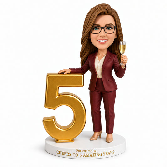 Custom 5-Year Work Anniversary Bobbleheads for Her – Customizable Outfit & Pose