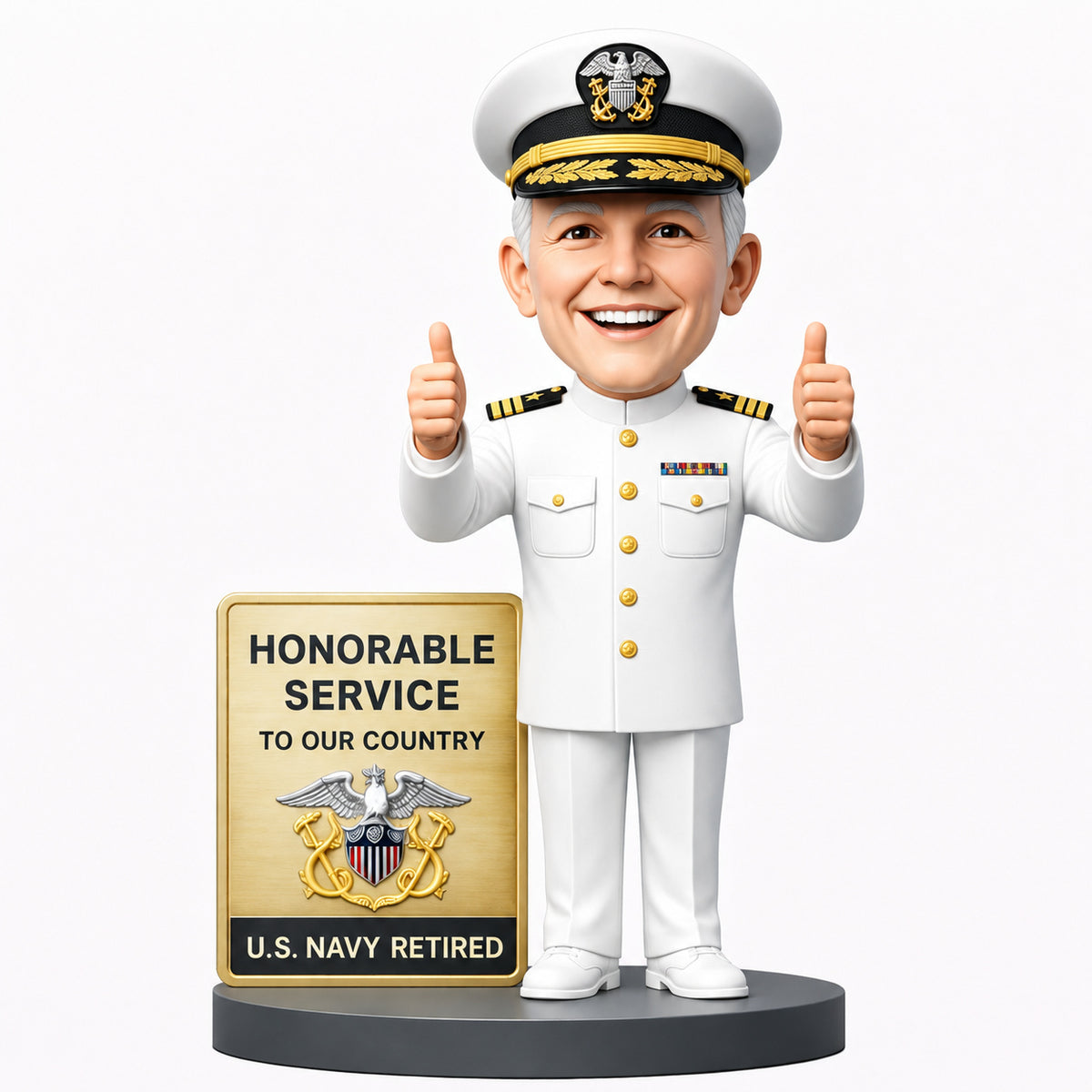Custom Navy Retiree Bobbleheads –- Customizable Military Uniform & Pose