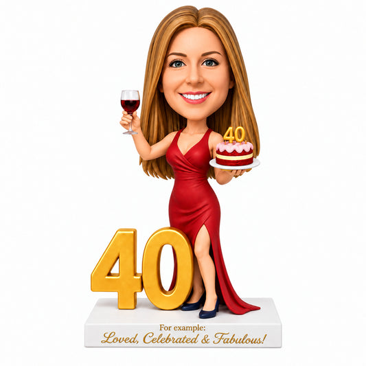 Cheers to 40 –- Custom 40th Birthday Bobblehead for Her – Customizable Any Outfit & Pose