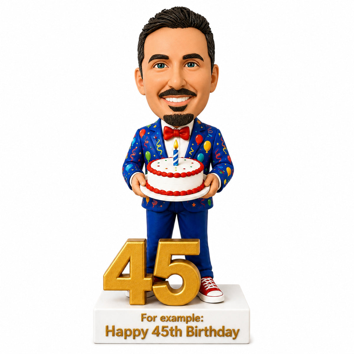Custom 45th Birthday Bobblehead for Men Holding a Cake –- Optional Outfit & Pose Customization