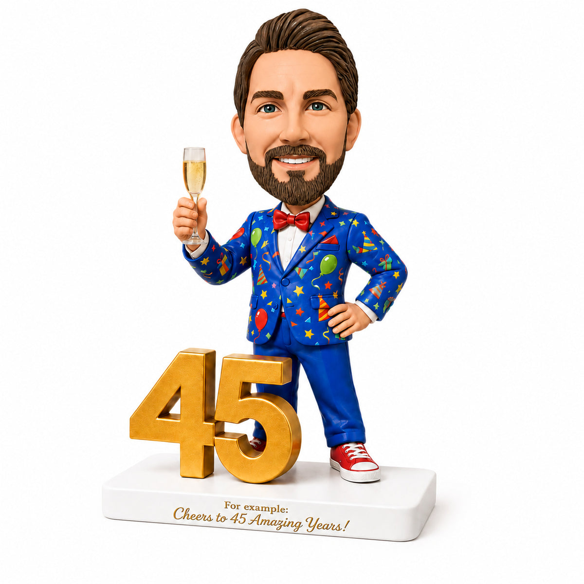 Custom 45th Birthday Bobblehead Gift for Men with Champagne  -– Customizable Any Outfit & Pose