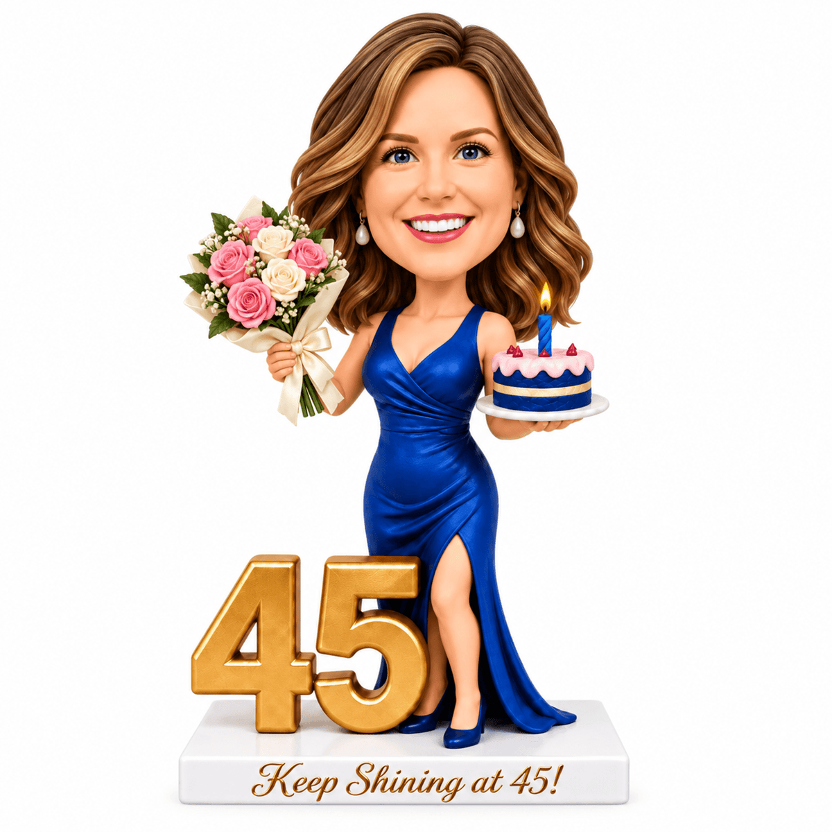 Custom 45th Birthday Bobblehead for Her – Customizable Any Outfit & Pose