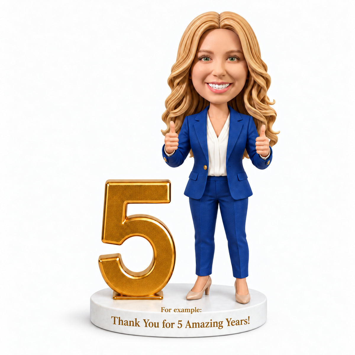 Custom 5-Year Work Anniversary Bobbleheads with Two Thumbs Up – Customizable Outfit & Pose
