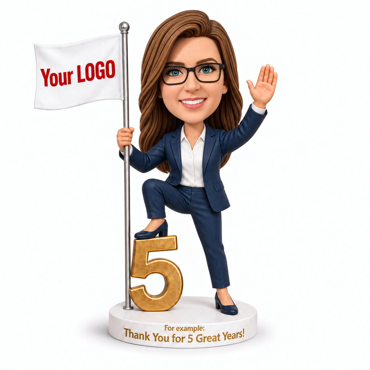 Custom 5-Year Work Anniversary Bobbleheads with Logo Flag – Customizable Outfit & Pose