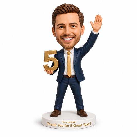 Custom 5-Year Work Anniversary Bobbleheads for Him – Customizable Outfit & Pose