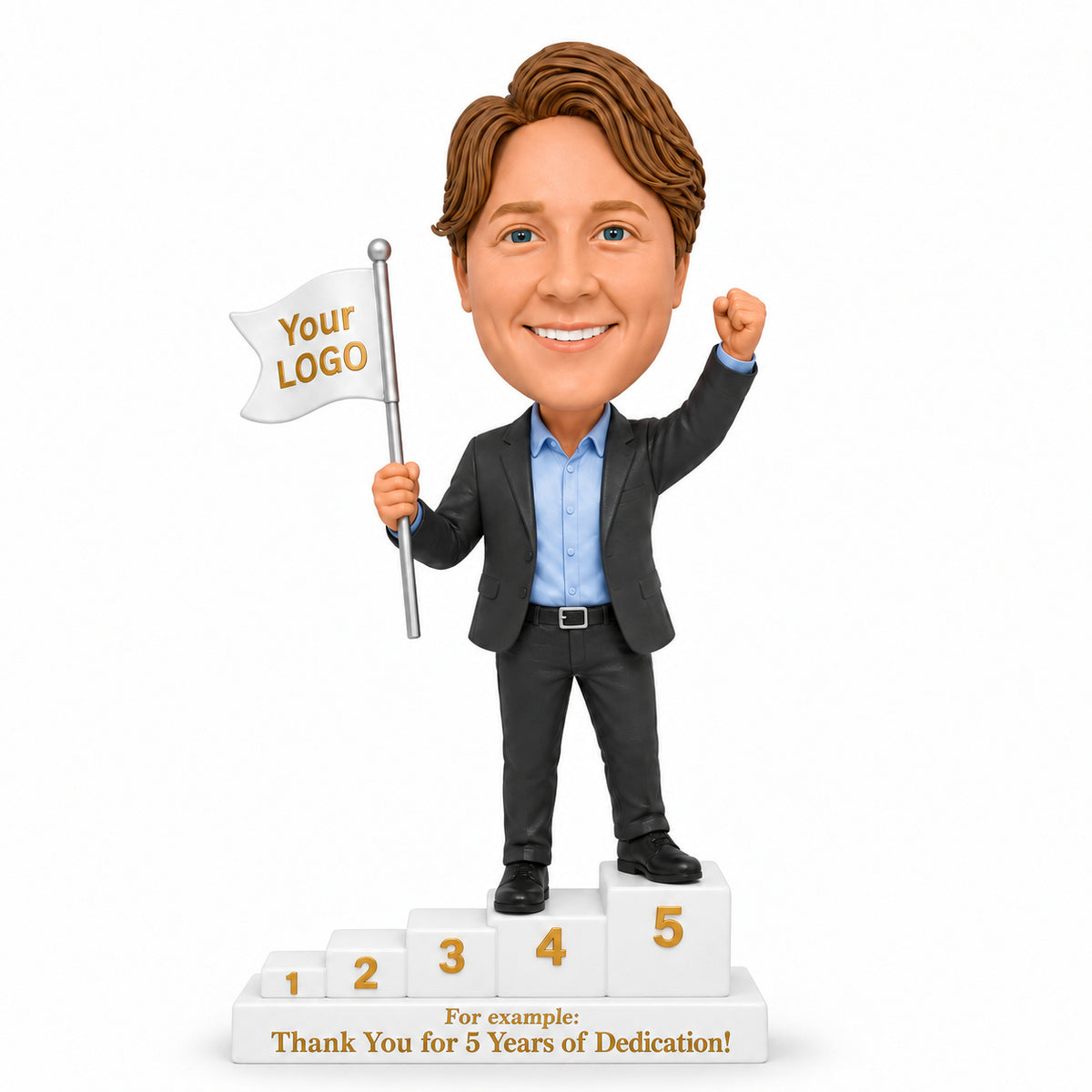Custom 5-Year Work Anniversary Bobbleheads for Him with Milestone Steps – Customizable Outfit & Pose
