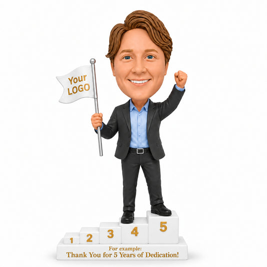 Custom 5-Year Work Anniversary Bobbleheads for Him with Milestone Steps – Customizable Outfit & Pose