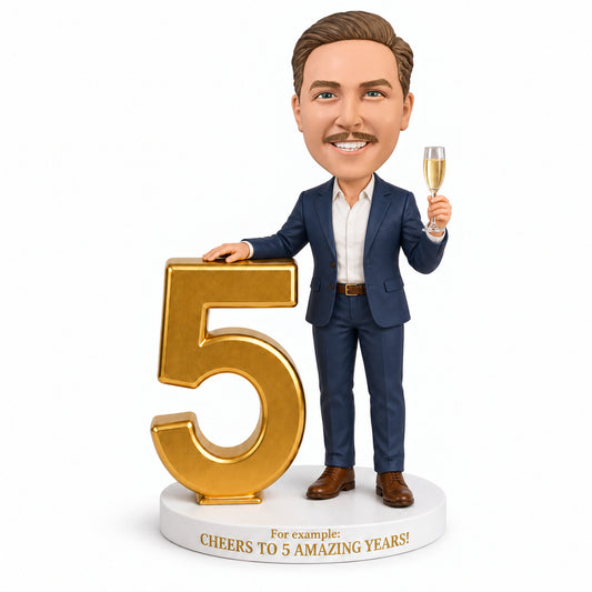 Custom 5-Year Work Anniversary Bobbleheads with Champagne – Customizable Outfit & Pose