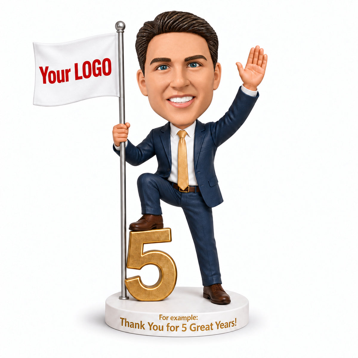 Custom 5-Year Work Anniversary Bobbleheads for Him with Logo Flag – Customizable Outfit & Pose