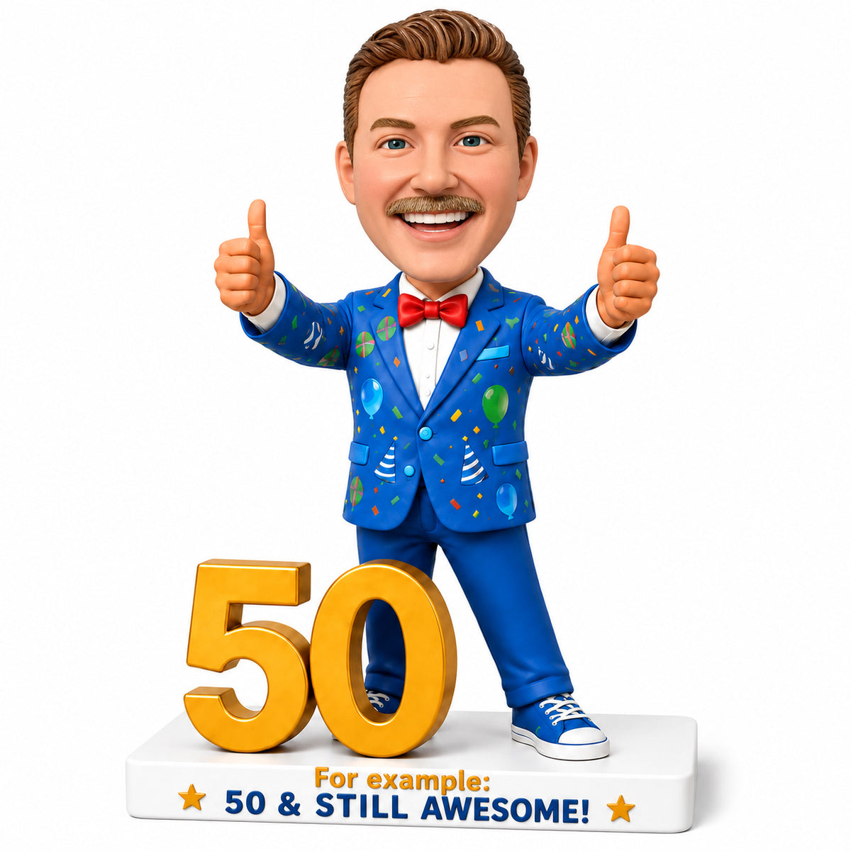 Custom 50th Birthday Bobblehead for Men Giving Two Thumbs Up –— Customizable Any Outfit & Pose