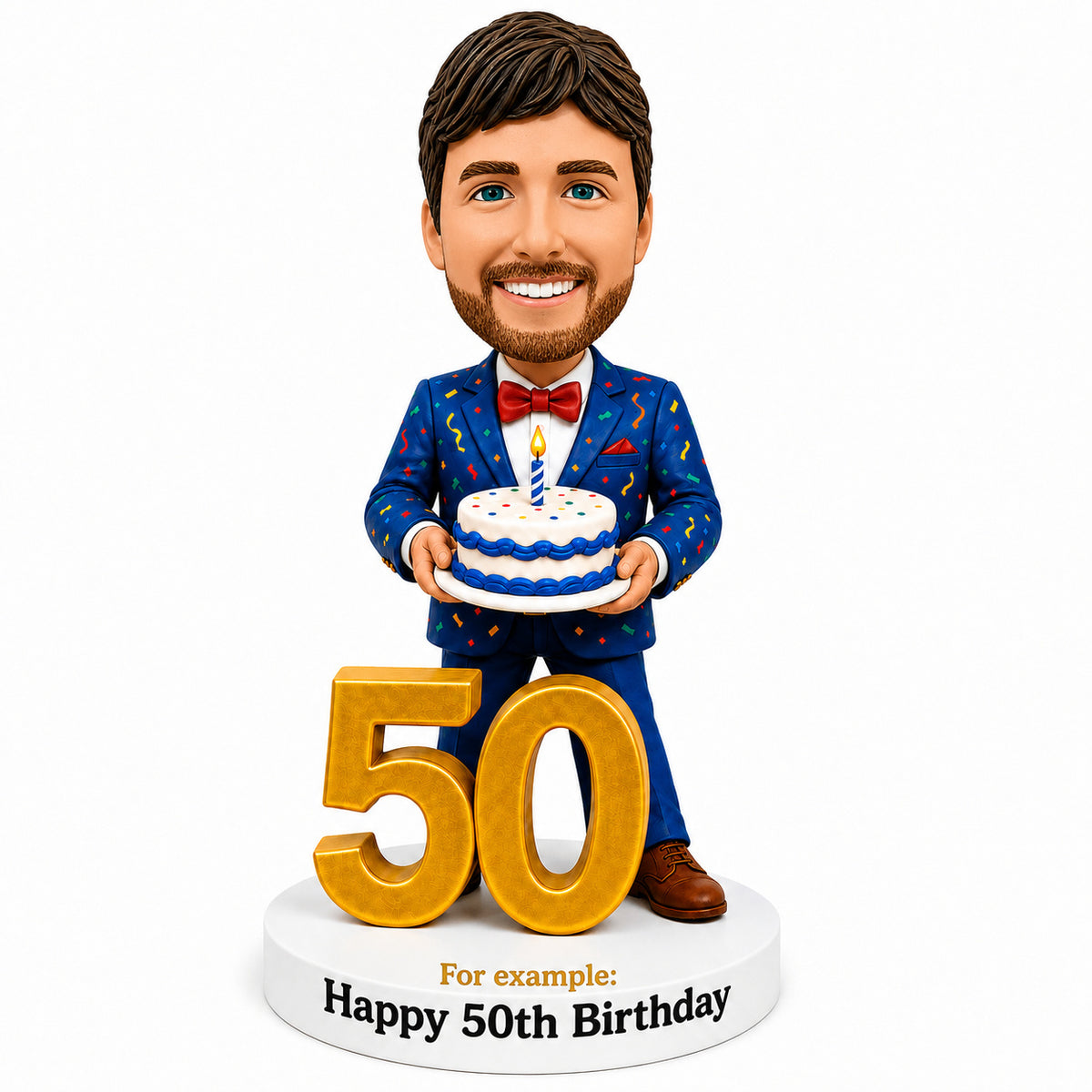 Custom 50th Birthday Bobblehead for Men Holding a Cake –– Customizable Any Outfit & Pose