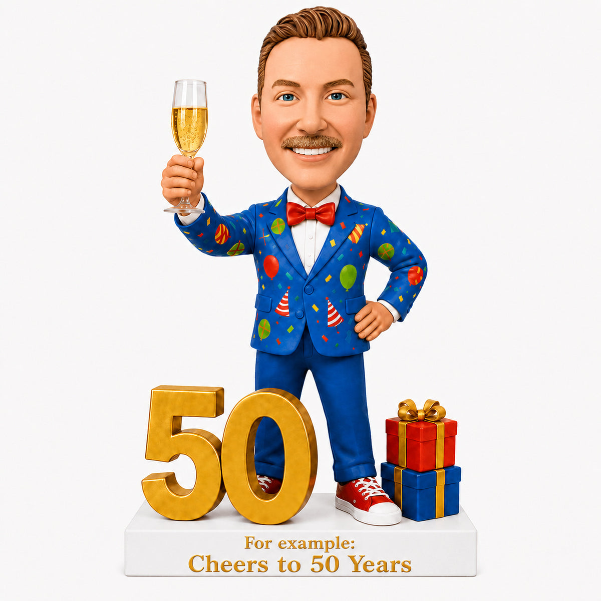 Custom 50th Birthday Bobblehead Gift for Men with Champagne  -– Customizable Any Outfit & Pose