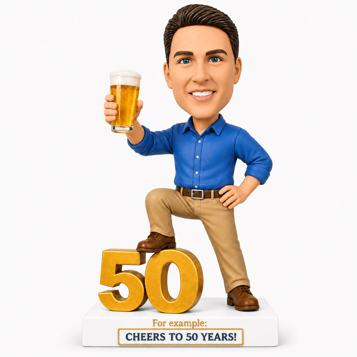 Custom 50th Birthday Bobblehead for Men Holding a Beer -– Optional Outfit & Pose Customization