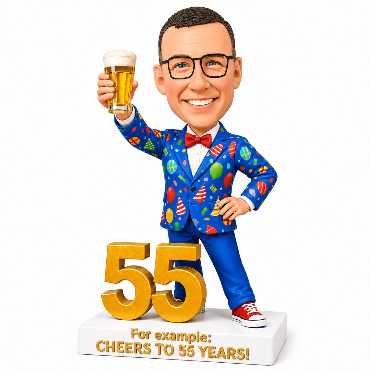 Custom 55th Birthday Bobblehead for Men Holding a Beer –- Customizable Any Outfit & Pose