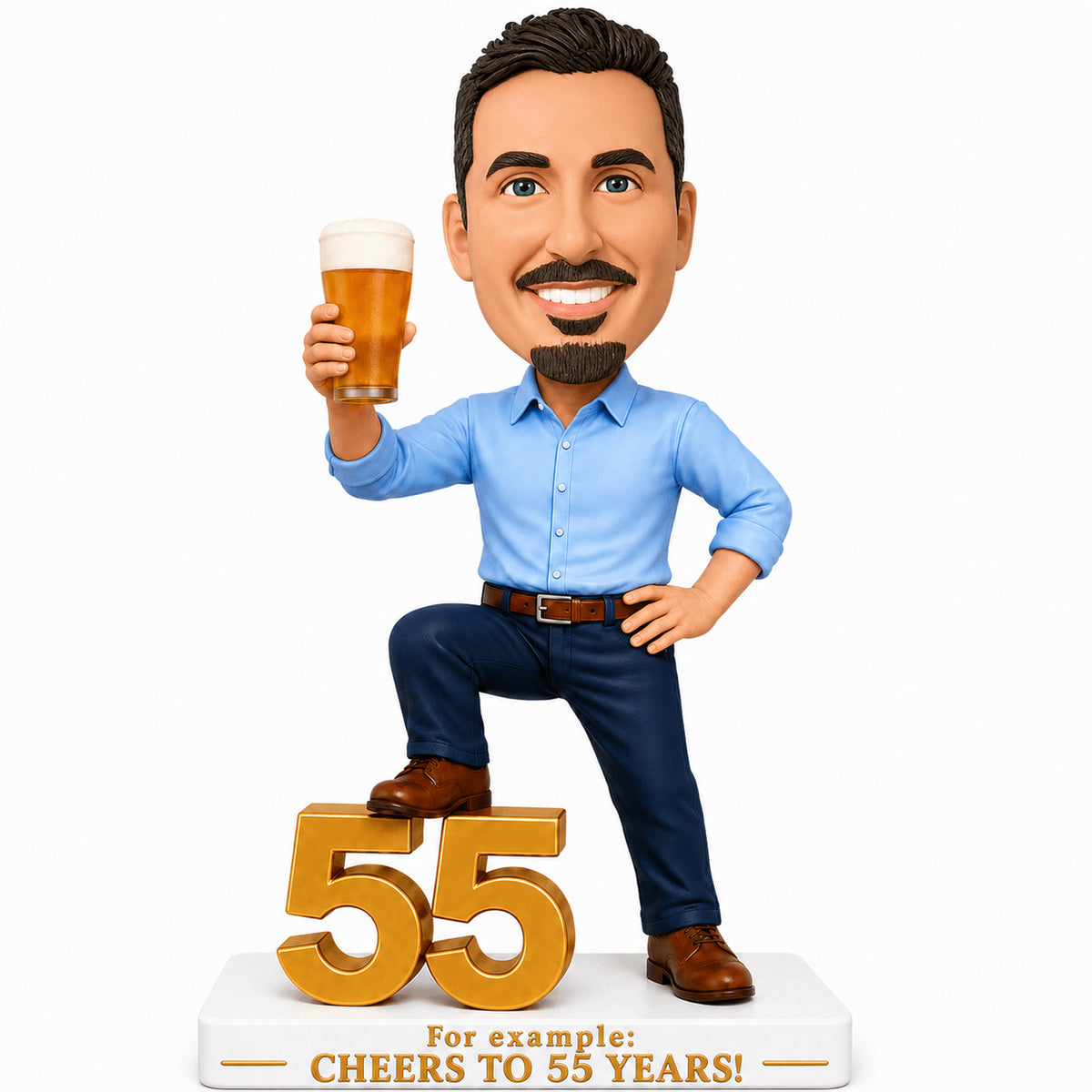 Custom 55th Birthday Bobblehead for Men Holding a Beer –- Customizable Any Outfit & Pose