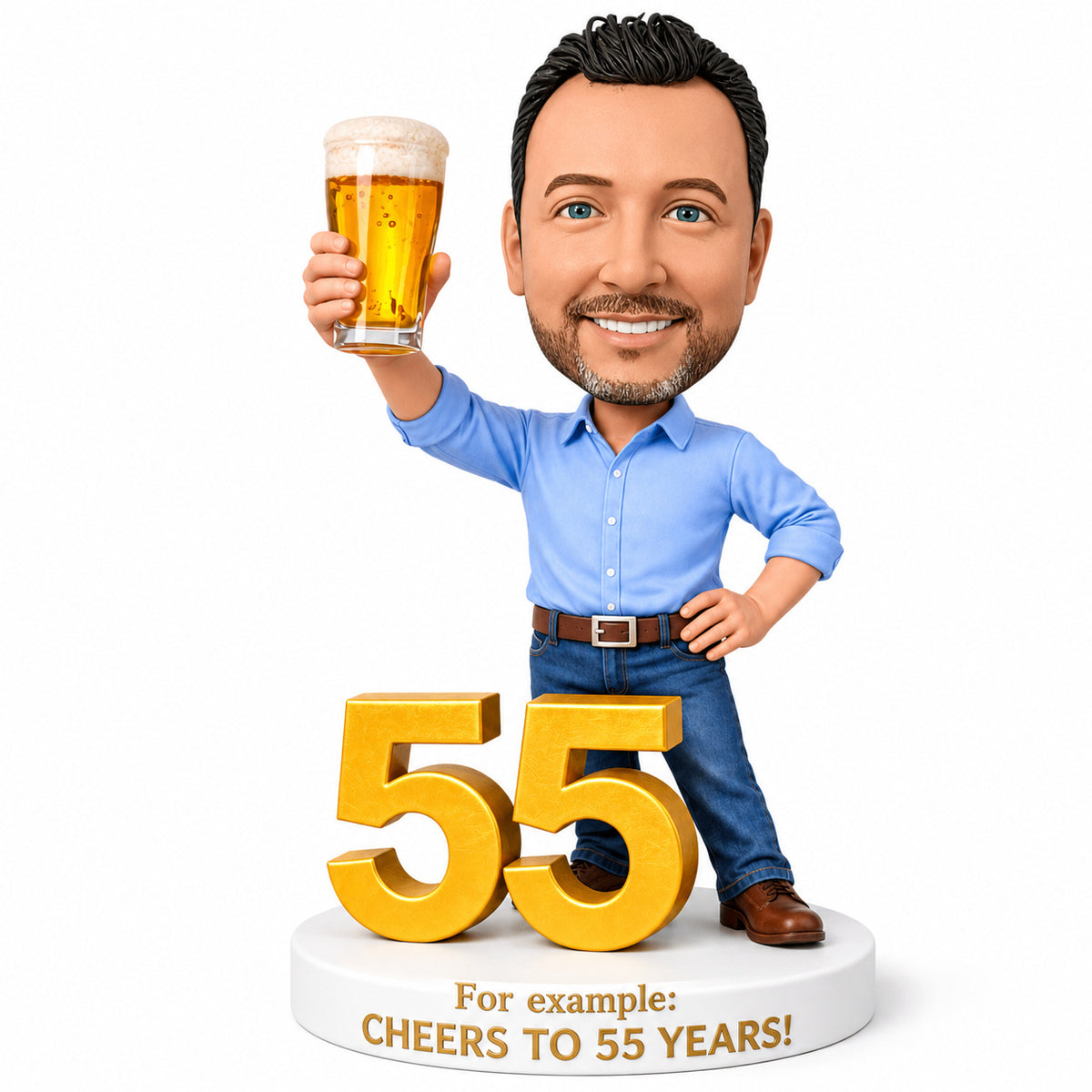Custom 55th Birthday Bobblehead for Men Holding a Beer –- Customizable Any Outfit & Pose