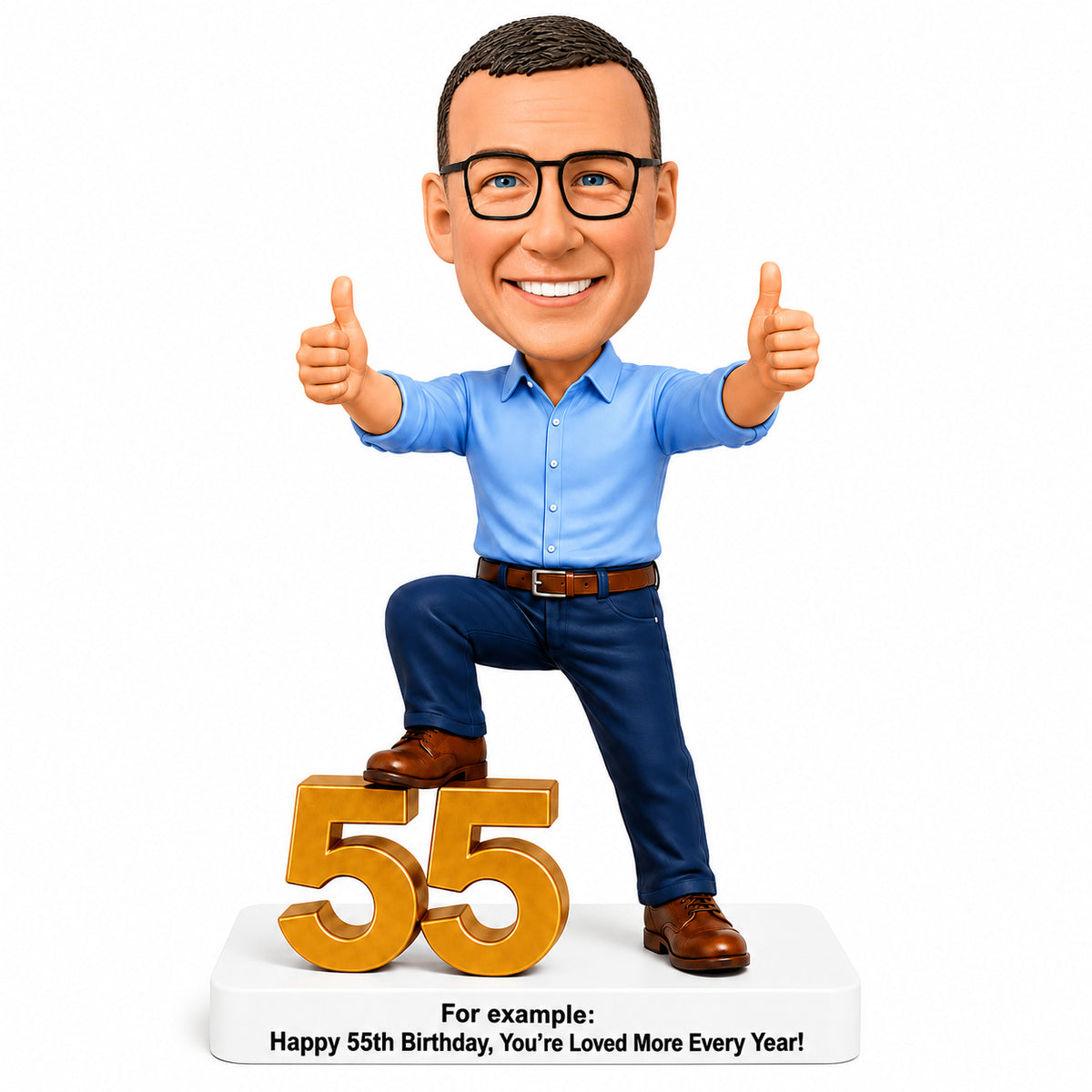 Custom 55th Birthday Bobblehead for Men Giving Two Thumbs Up –- Customizable Any Outfit & Pose