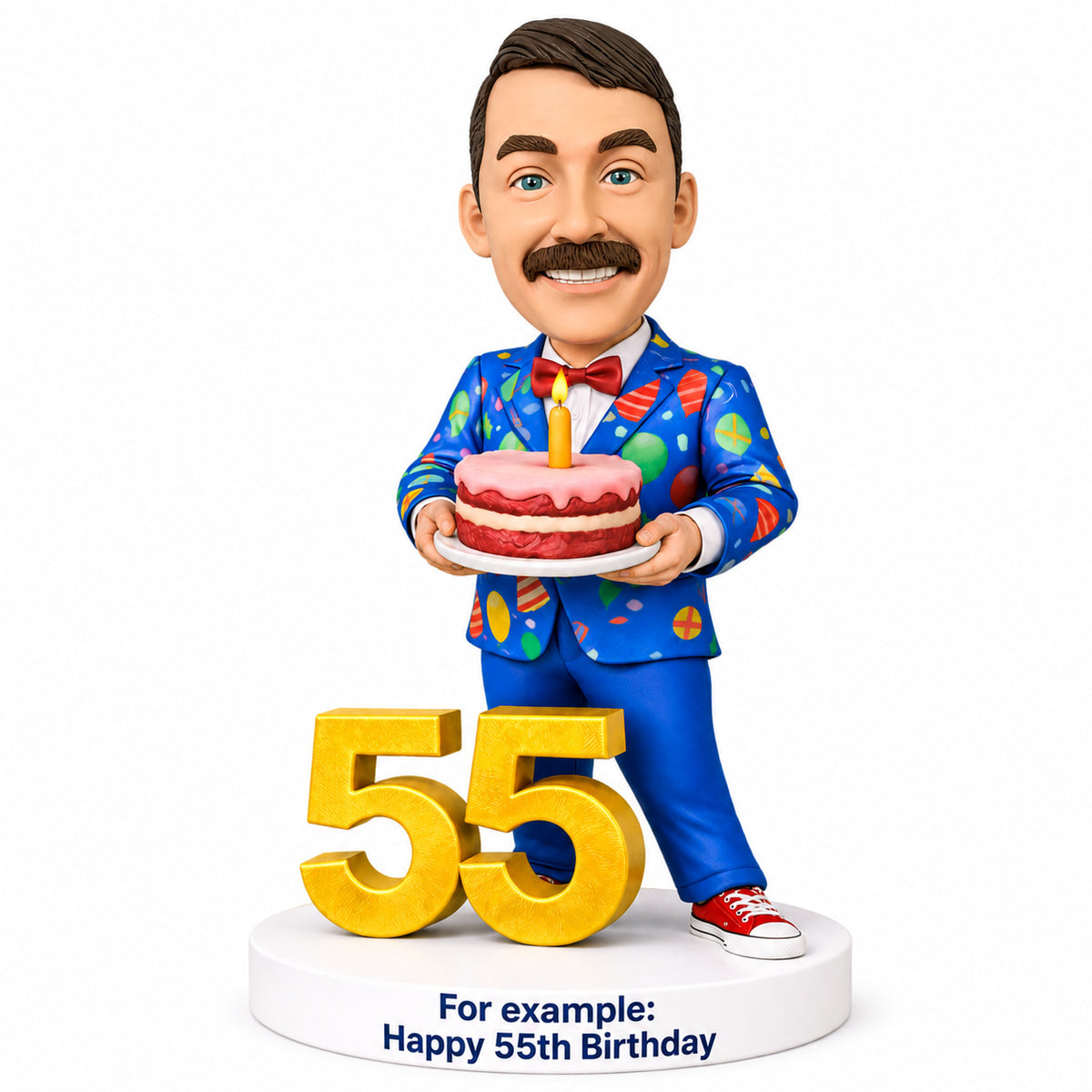 Custom 55th Birthday Bobblehead for Men Holding a Cake –– Customizable Any Outfit & Pose