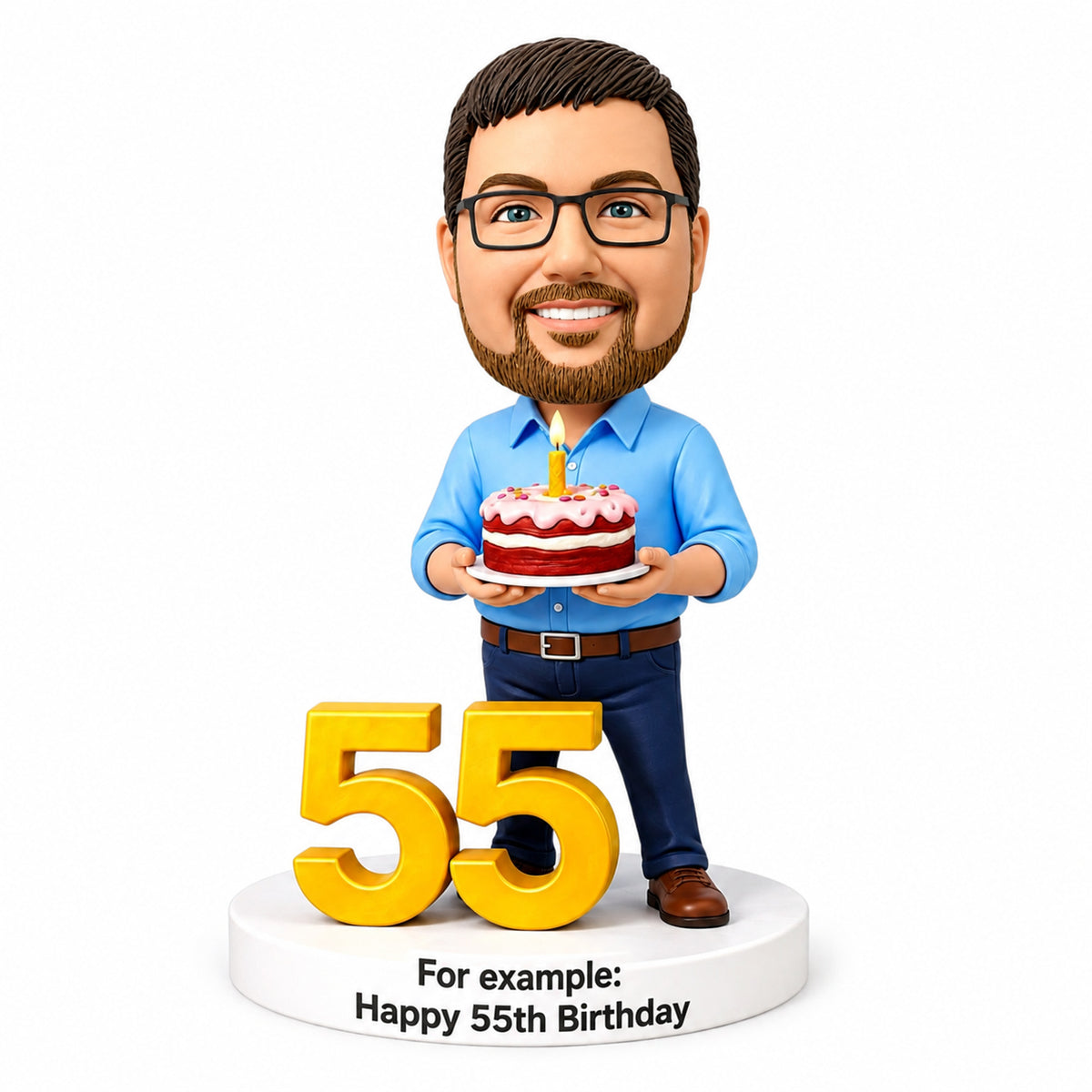 Custom 55th Birthday Bobblehead for Men Holding a Cake –- Any Outfit & Pose Can Be Customized