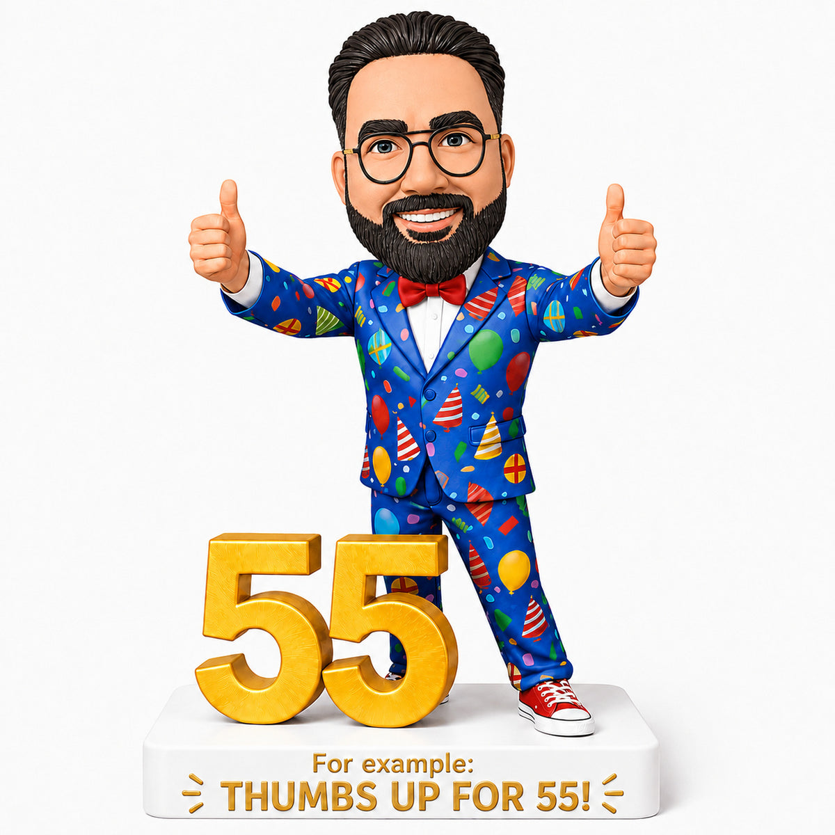 Custom 55th Birthday Bobblehead for Men in a Party Suit –- Customizable Any Outfit & Pose
