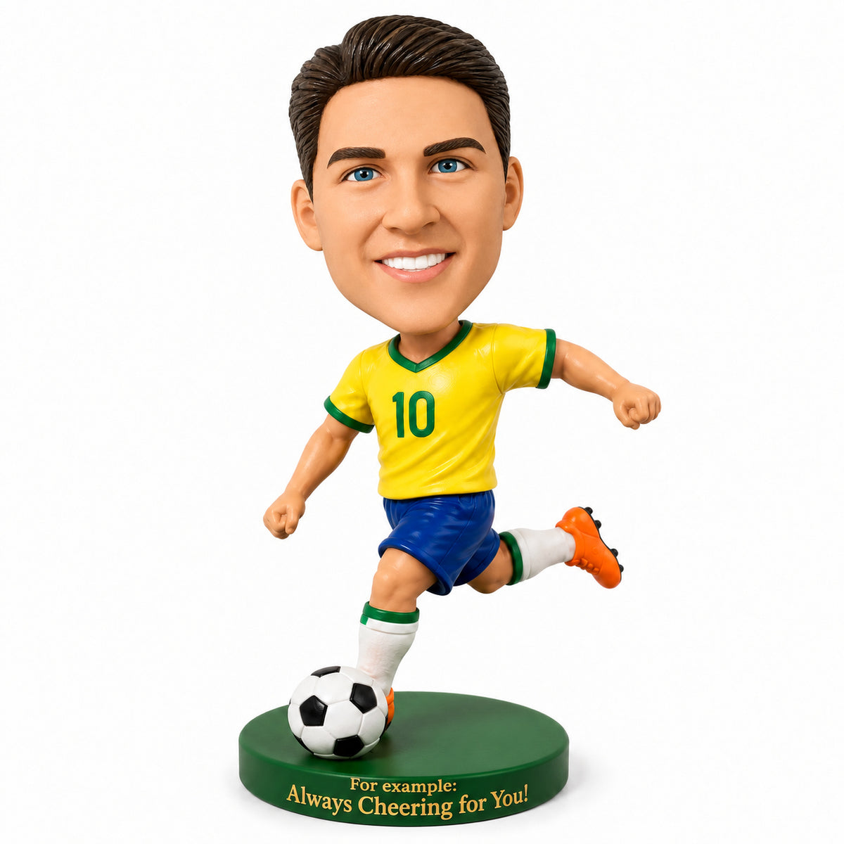 Custom Brazilian Soccer Player Bobbleheads with Soccer Ball – Customizable Soccer Uniform, Jersey Number & Pose