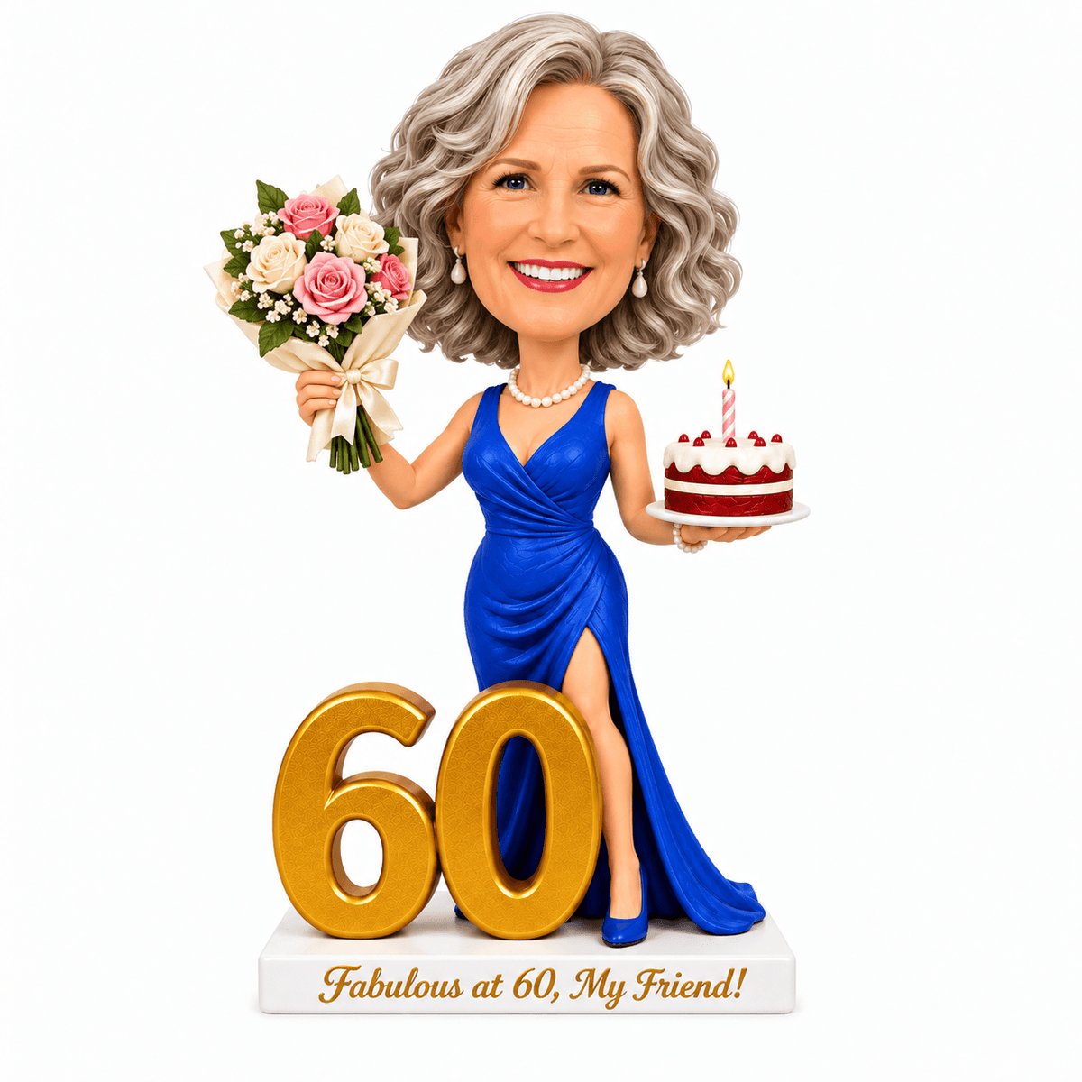 Custom 60th Birthday Bobblehead for Her – Customizable Outfit & Pose