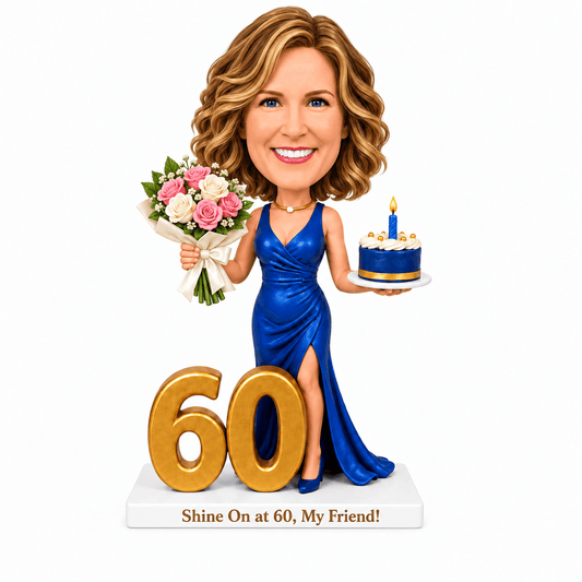 Custom 60th Birthday Bobblehead for Her –- Customizable Any Outfit & Pose