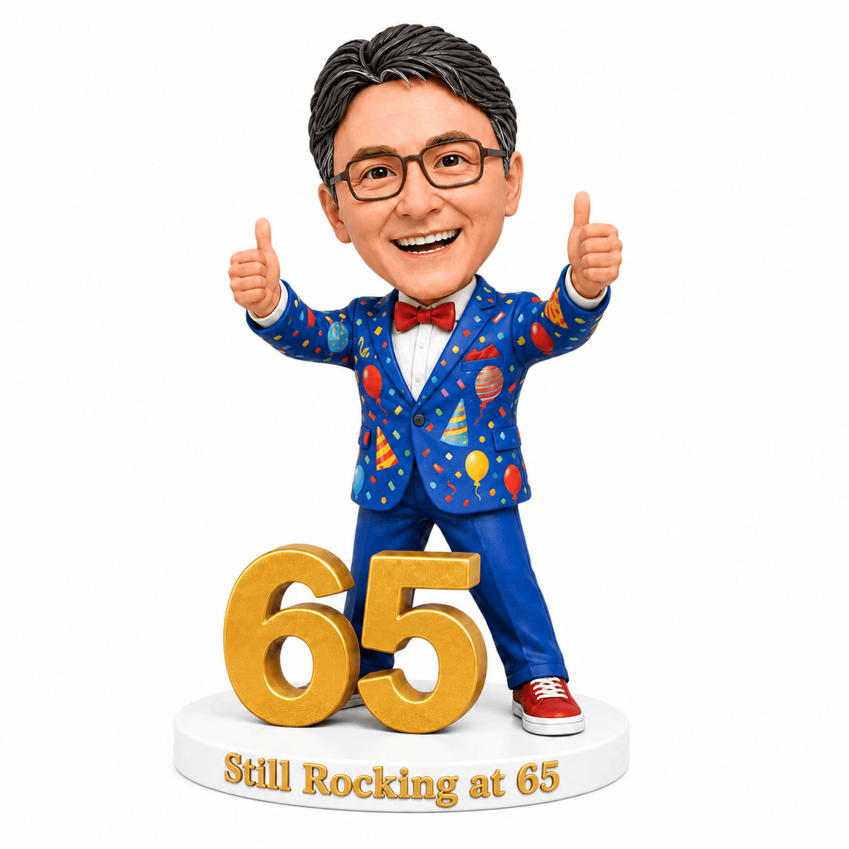Custom 65th Birthday Bobblehead for Men in a Party Suit –– Customizable Any Outfit & Pose