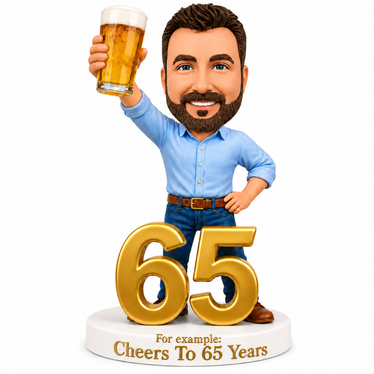 Custom 65th Birthday Bobblehead for Men Holding a Beer –- Customizable Any Outfit & Pose