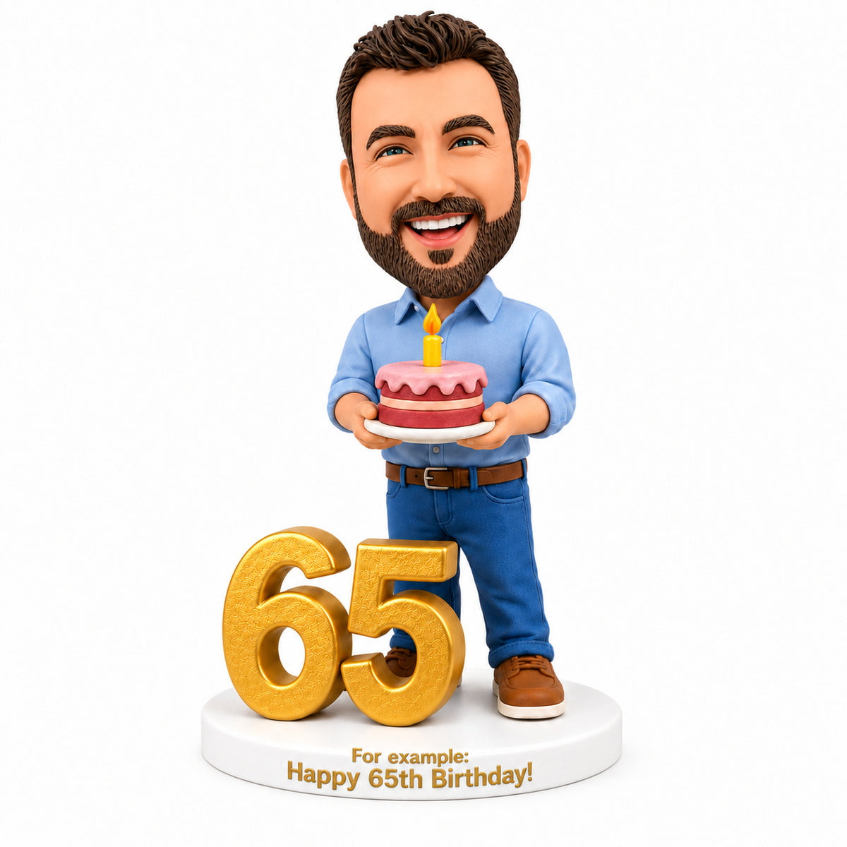 Custom 65th Birthday Bobblehead for Men Holding a Cake –– Customizable Any Outfit & Pose