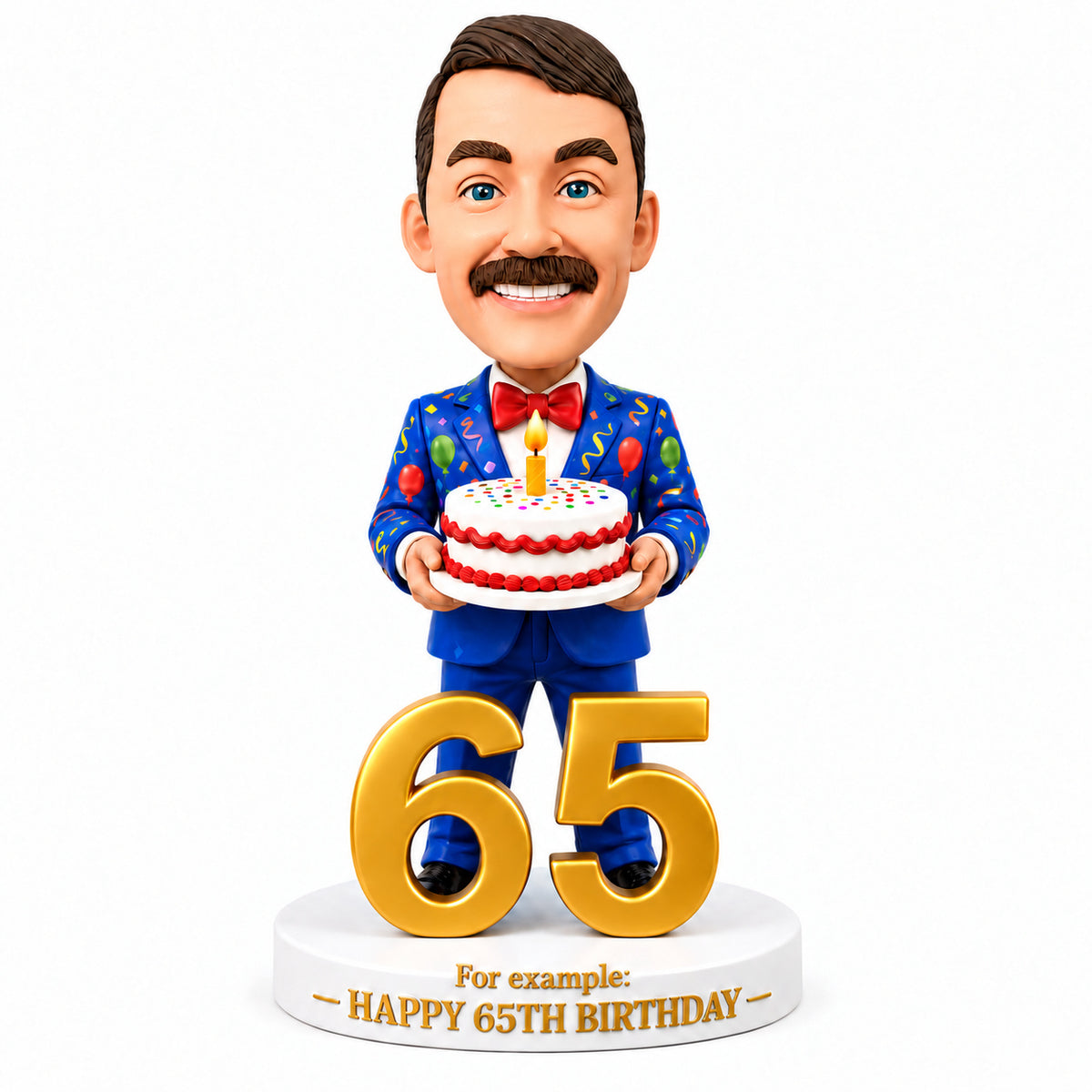 Custom 65th Birthday Bobblehead for Men Holding a Cake –– Customizable Any Outfit & Pose