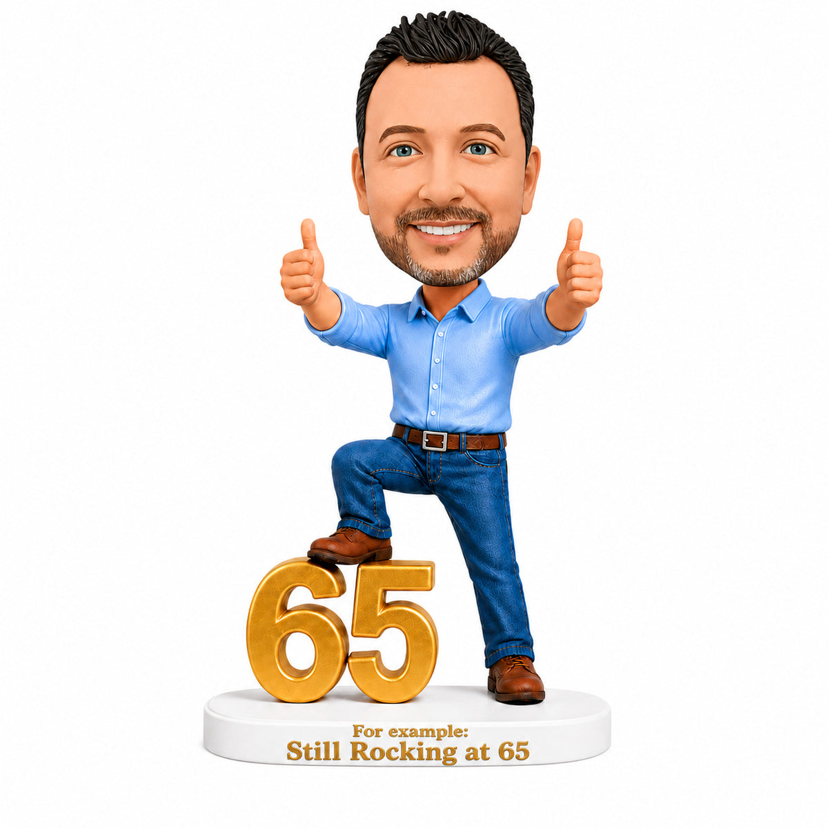 Custom 65th Birthday Bobblehead for Men Giving Two Thumbs Up –- Customizable Any Outfit & Pose