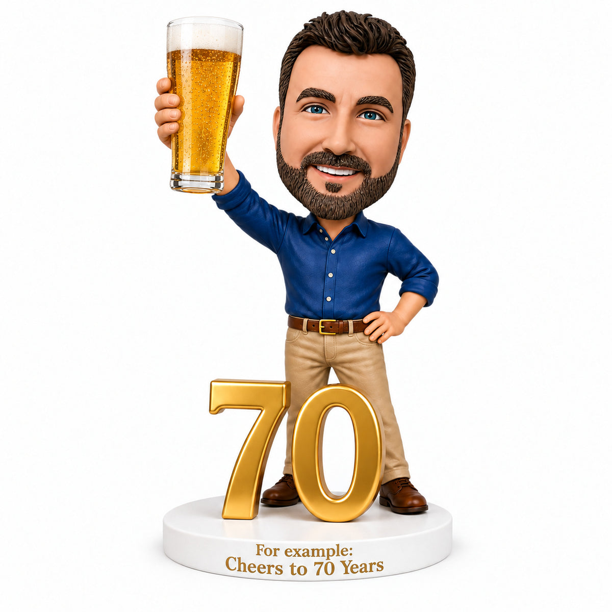 Custom 70th Birthday Bobblehead for Men Holding a Beer –- Customizable Any Outfit & Pose