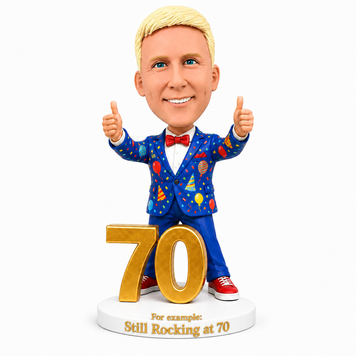 Custom 70th Birthday Bobblehead for Men in a Party Suit -– Optional Outfit & Pose Customization